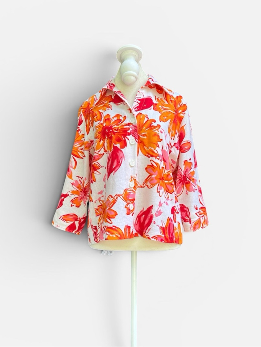 David N Linen Blend Floral Button Up Shirt Top in Orange Pink Sz S